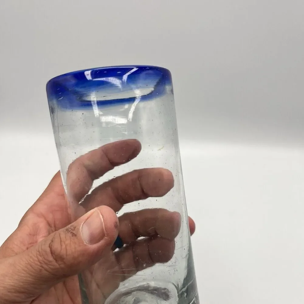 Hand Blown Cobalt Blue Rim Mexican Bubble Glass